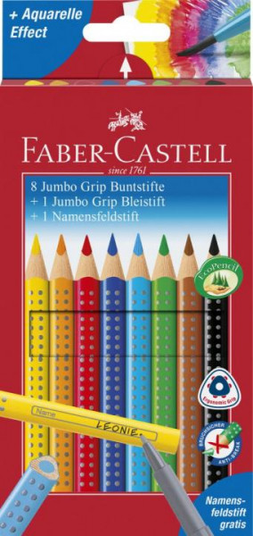 Faber-Castell 8 dicke Jumbo GRIP Buntstifte, Bleistift + Namensfeldstift
